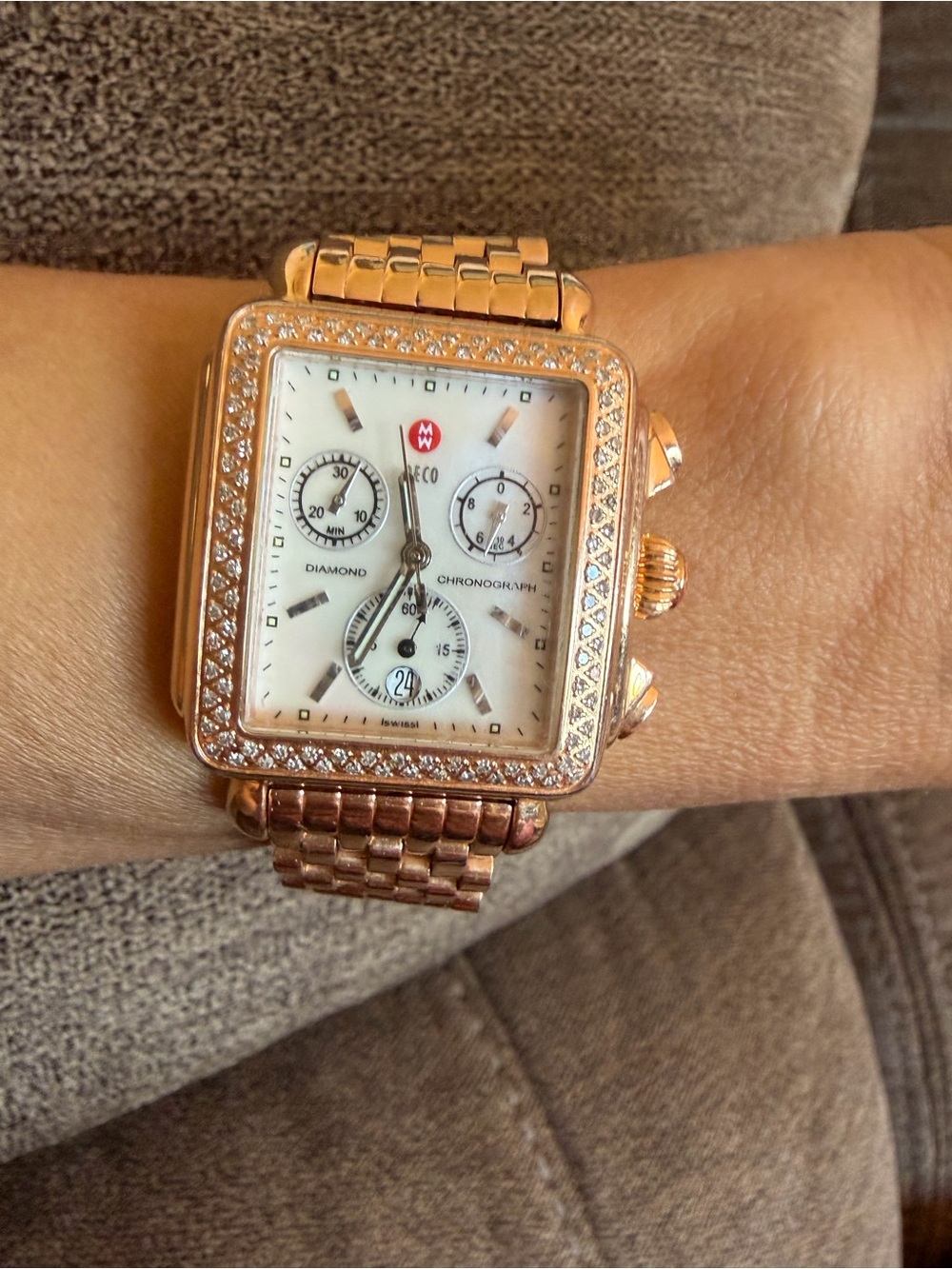 MICHELE Deco Diamond Chronograph Rose Gold-Tone Watch 6.25” band